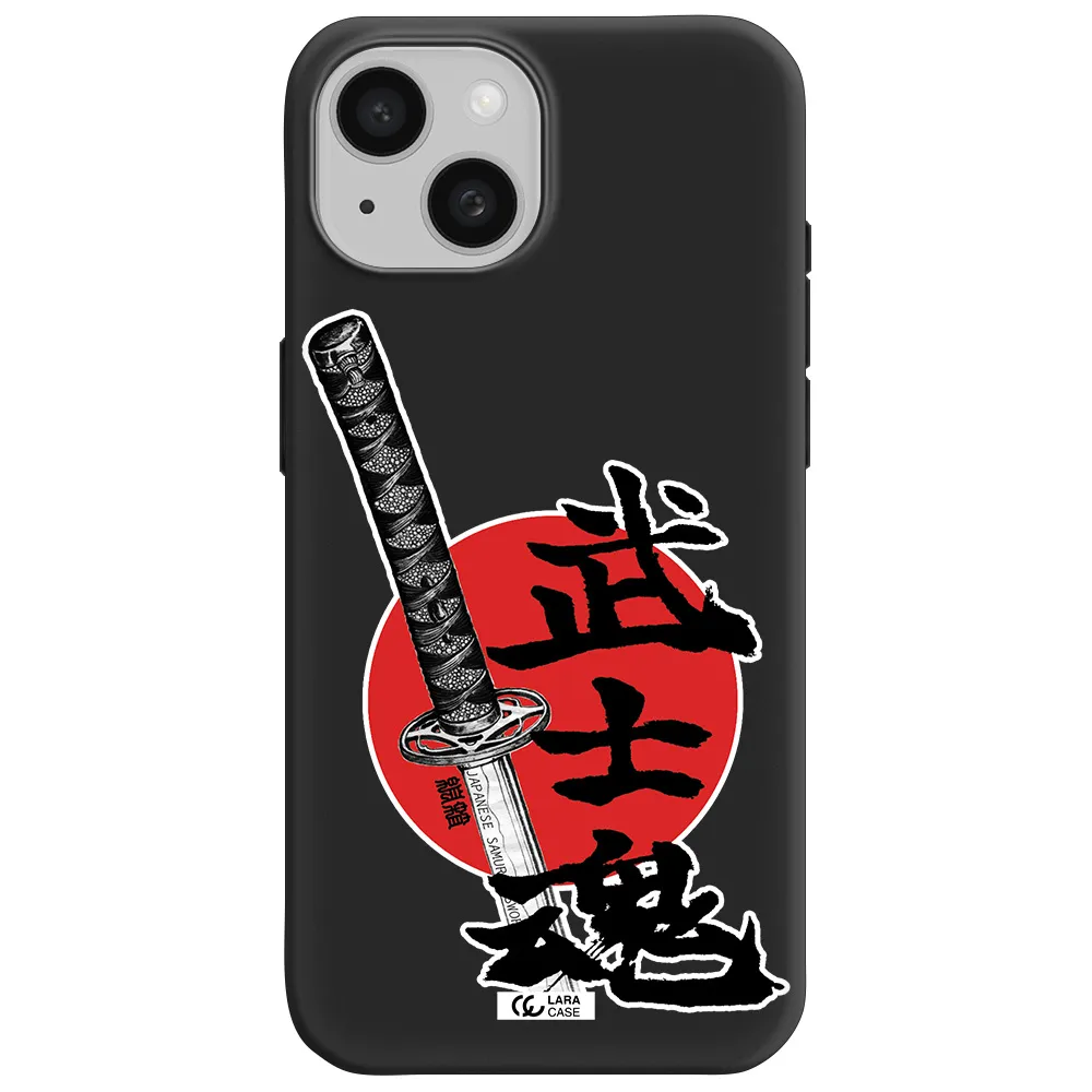 a sword with a red circle and hieroglyph Apple iPhone 15 Silicone black Case