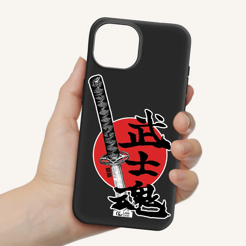 a sword with a red circle and hieroglyph Apple iPhone 15 Silicone black Case