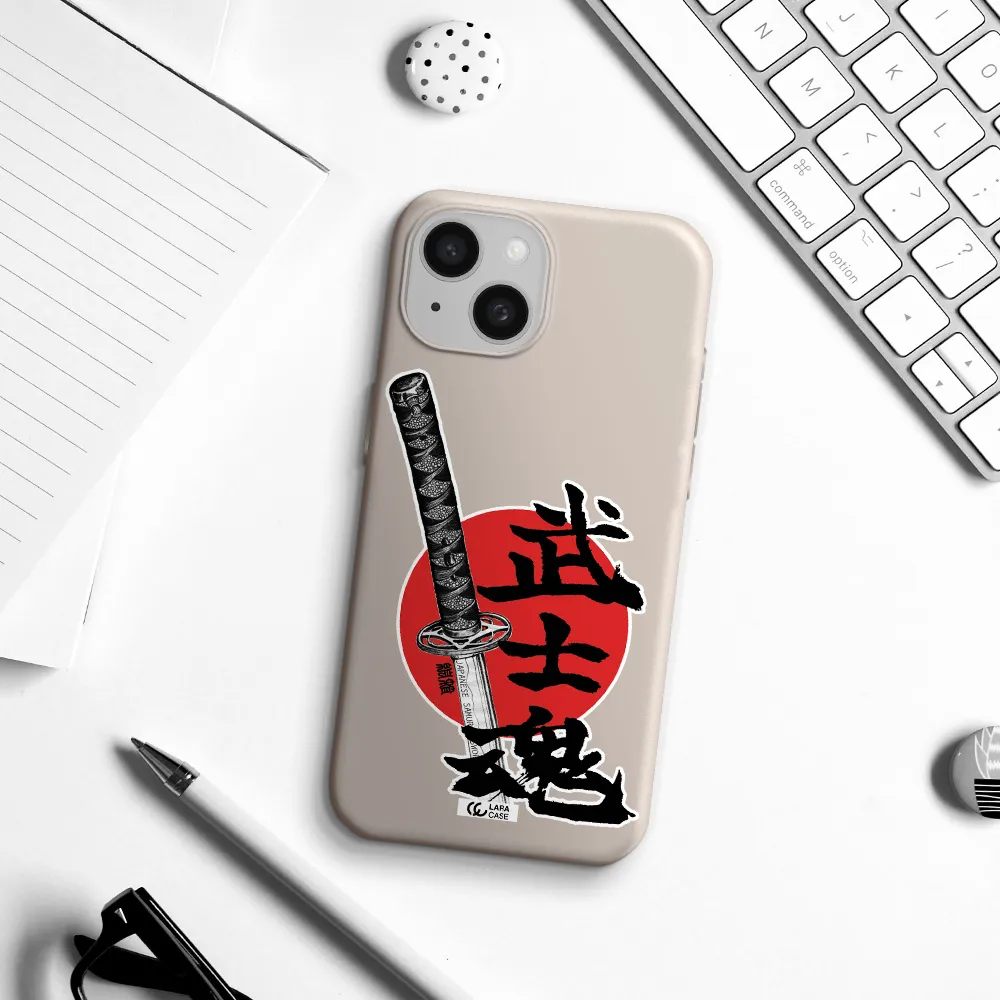a sword with a red circle and hieroglyph Apple iPhone 15 Silicone Stone Case