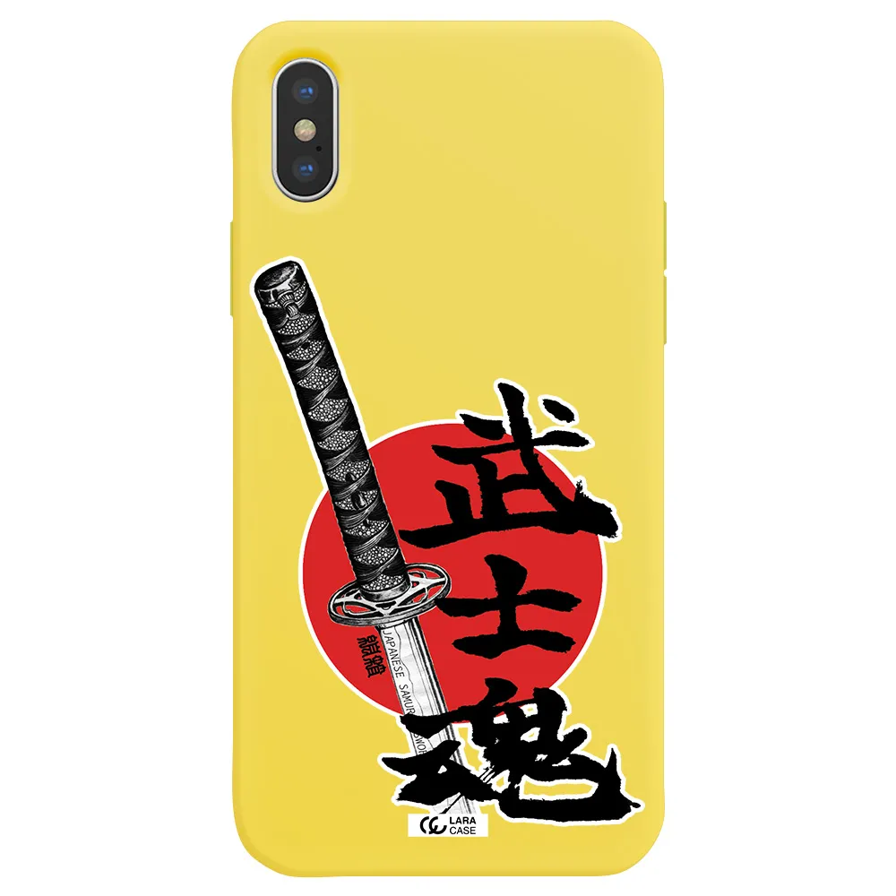 a sword with a red circle and hieroglyph Apple iPhone XS Silicone canary yellow Case