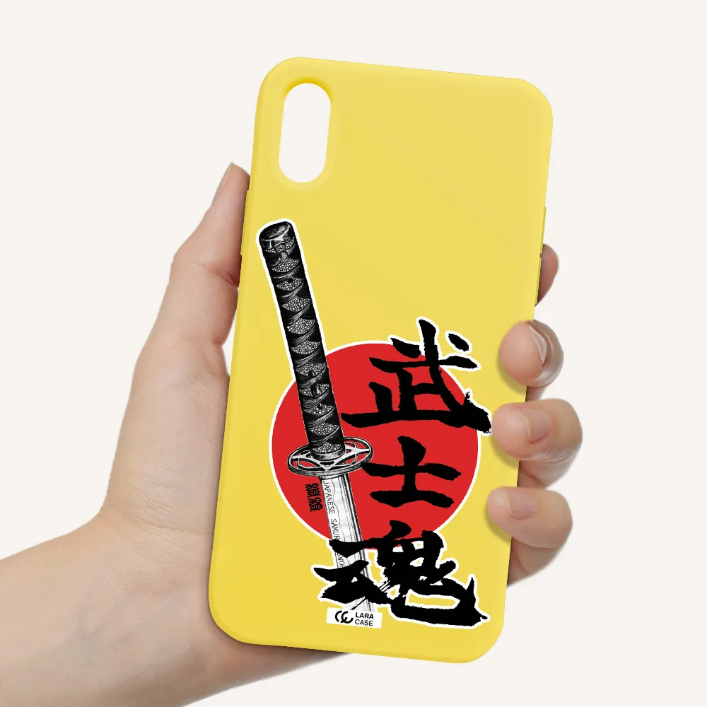 a sword with a red circle and hieroglyph Apple iPhone XS Silicone canary yellow Case