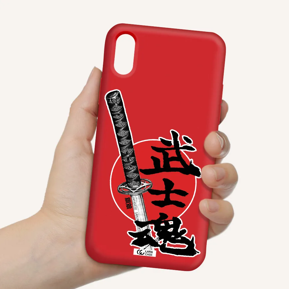a sword with a red circle and hieroglyph Apple iPhone XS Silicone Imperial Red Case