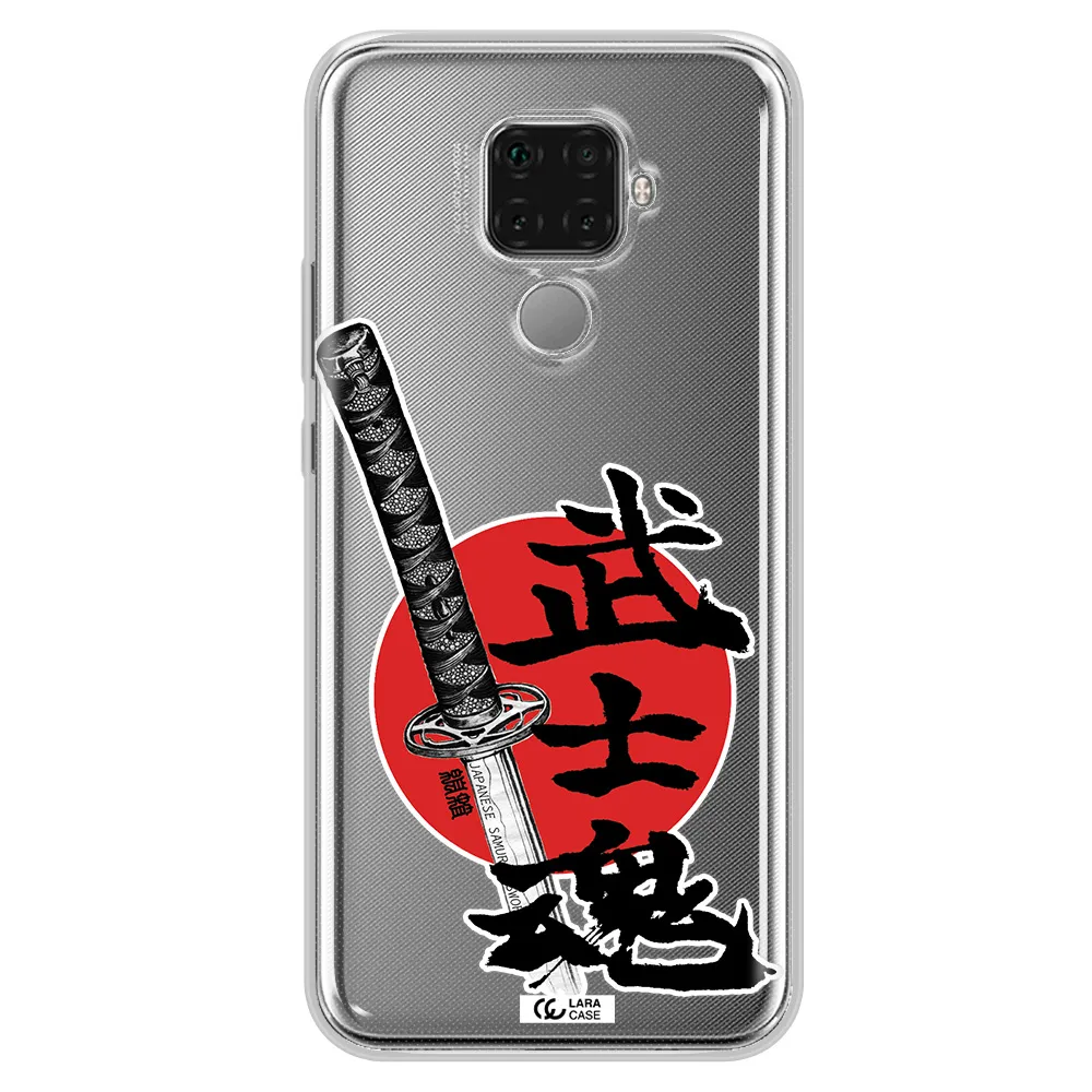 a sword with a red circle and hieroglyph Huawei Mate 30 Lite Clear TPU Case
