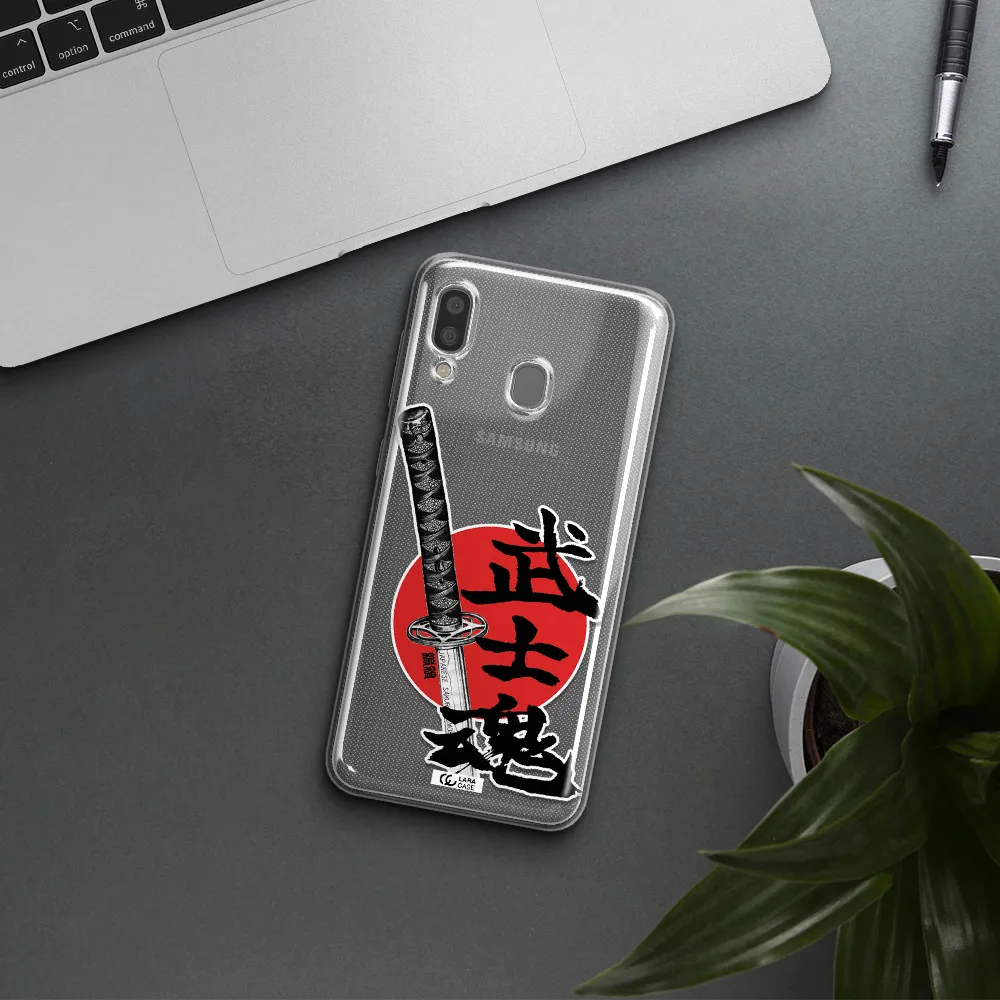 a sword with a red circle and hieroglyph Samsung A20 Clear TPU Case