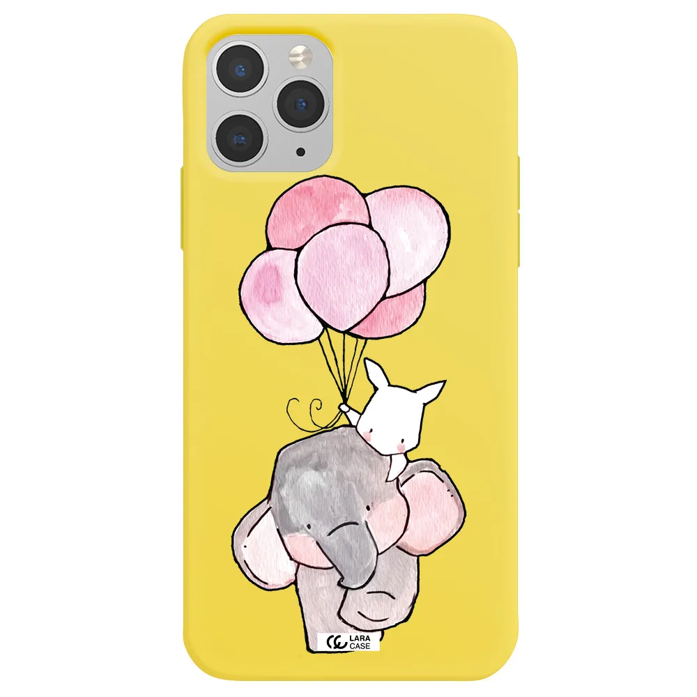 a cartoon elephant and donkey holding balloons Apple iPhone 11 pro max Silicone canary yellow Case