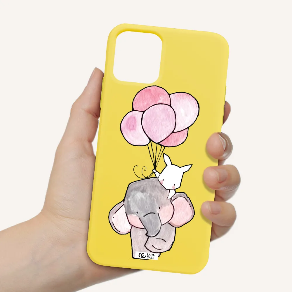 a cartoon elephant and donkey holding balloons Apple iPhone 11 pro Silicone canary yellow Case