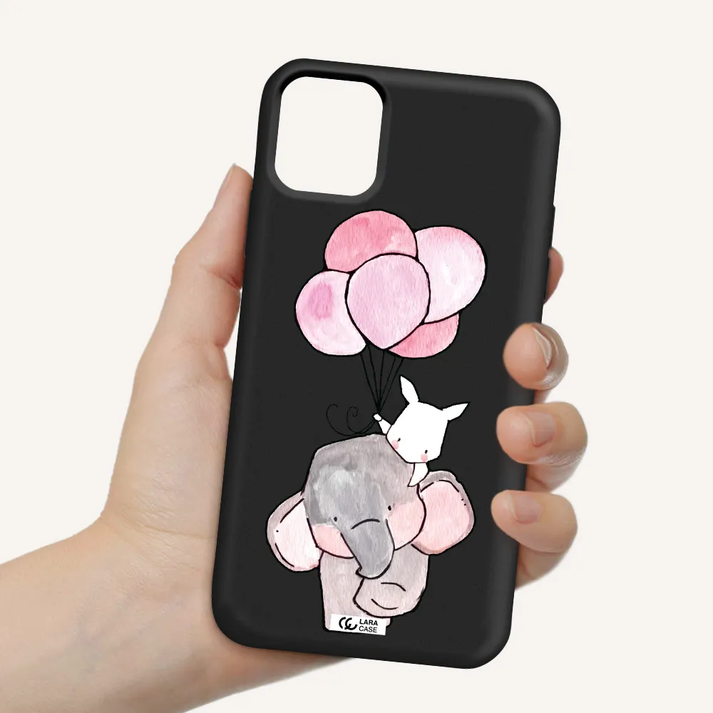 a cartoon elephant and donkey holding balloons Apple iPhone 11 Silicone black Case