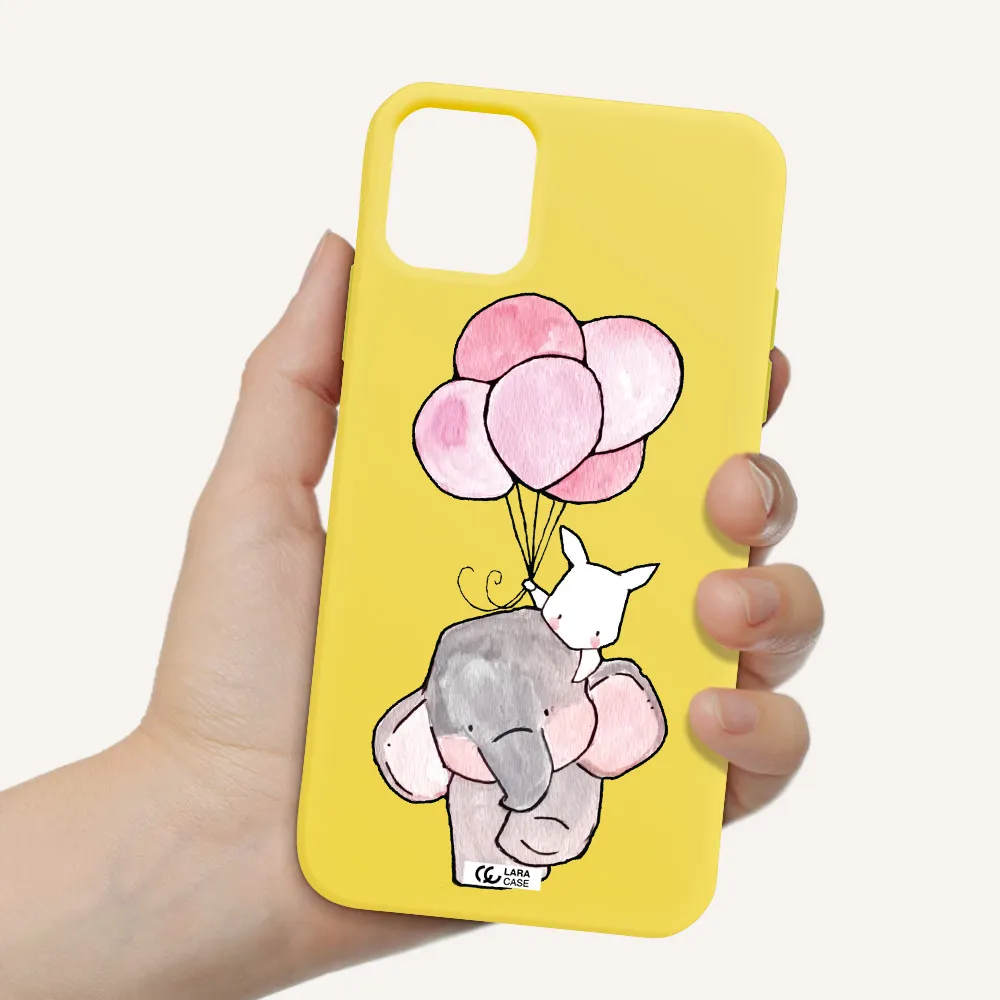 a cartoon elephant and donkey holding balloons Apple iPhone 11 Silicone canary yellow Case