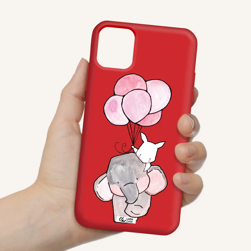 a cartoon elephant and donkey holding balloons Apple iPhone 11 Silicone Imperial Red Case