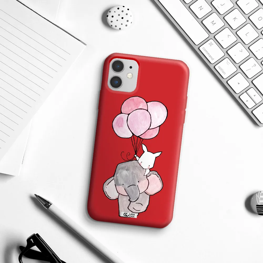 a cartoon elephant and donkey holding balloons Apple iPhone 11 Silicone Imperial Red Case