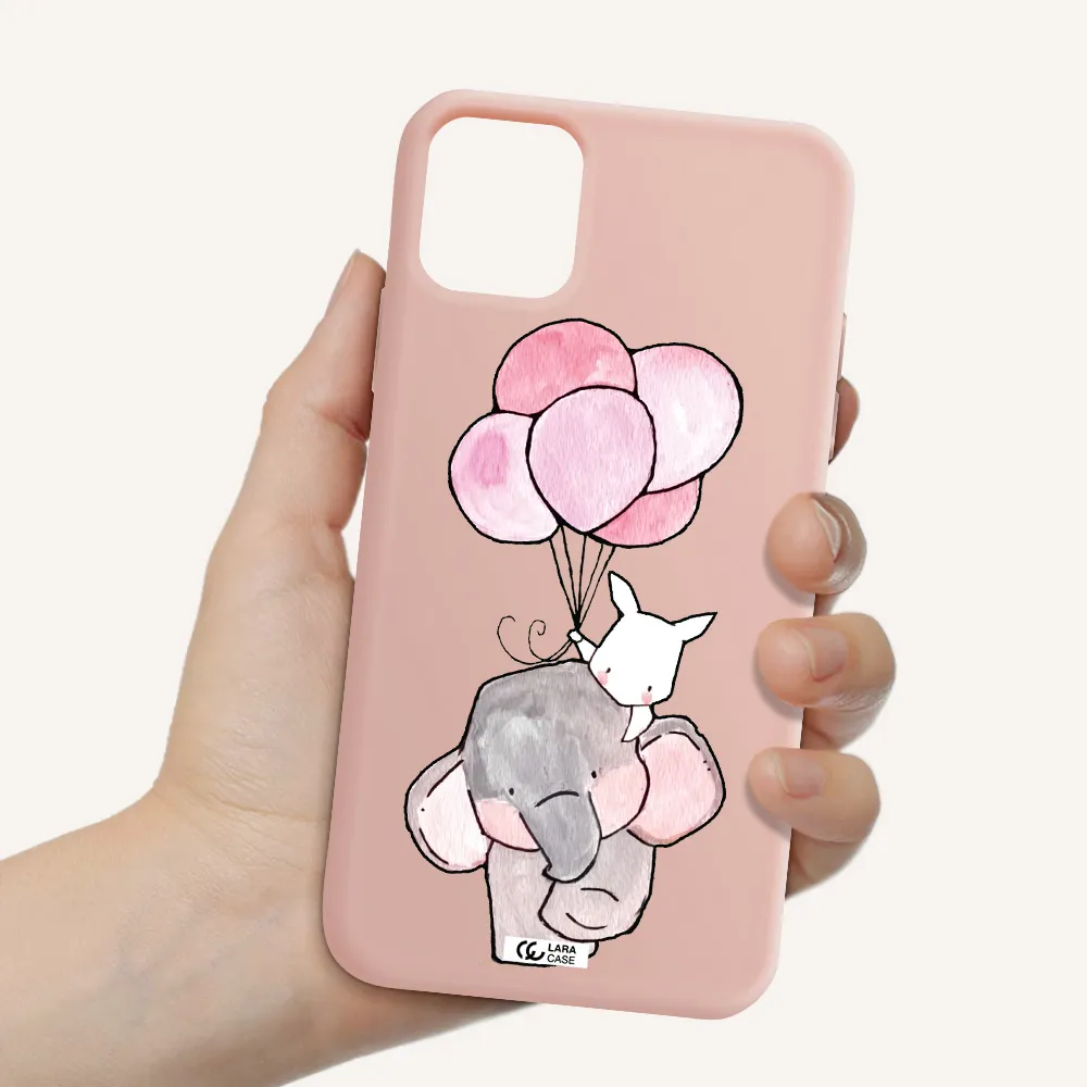 a cartoon elephant and donkey holding balloons Apple iPhone 11 Silicone pastel pink Case