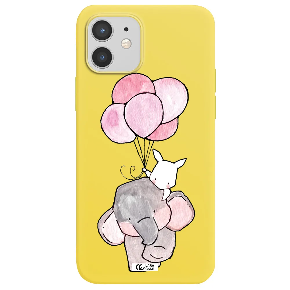 a cartoon elephant and donkey holding balloons Apple iPhone 12 mini Silicone canary yellow Case