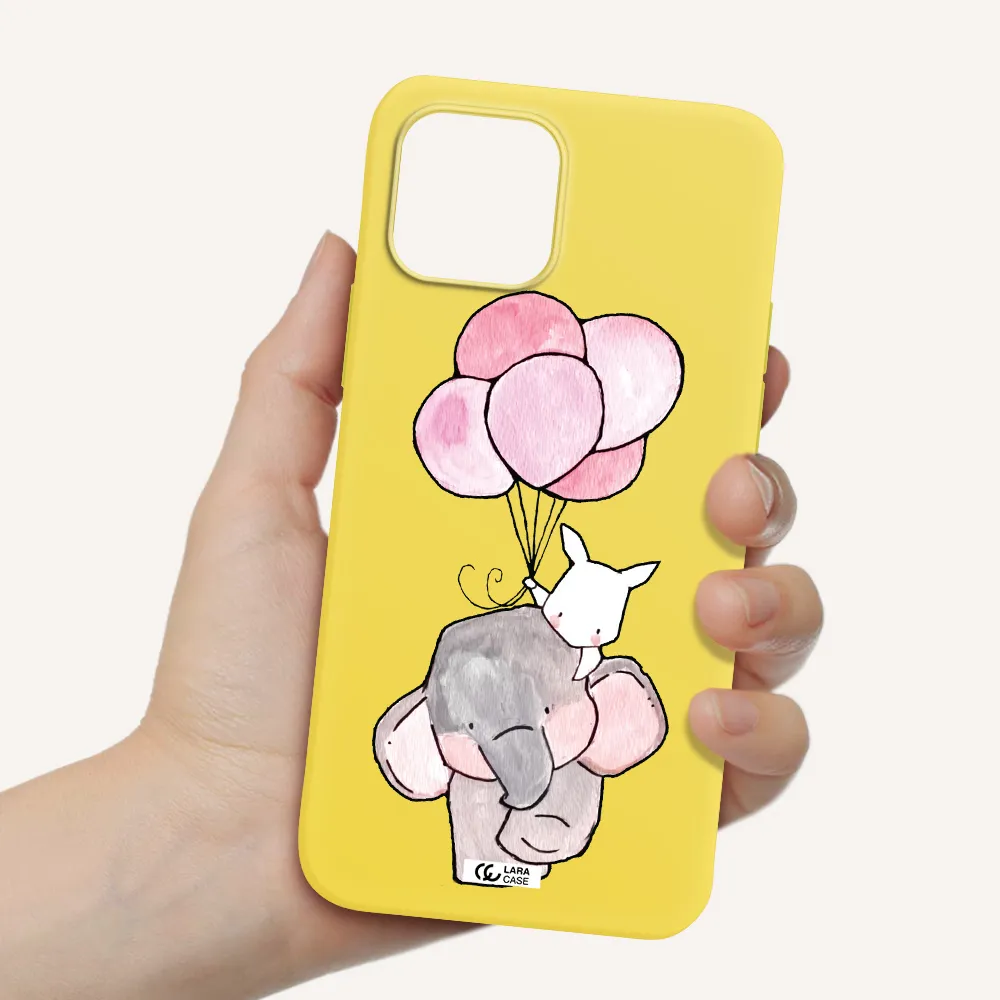 a cartoon elephant and donkey holding balloons Apple iPhone 12 mini Silicone canary yellow Case