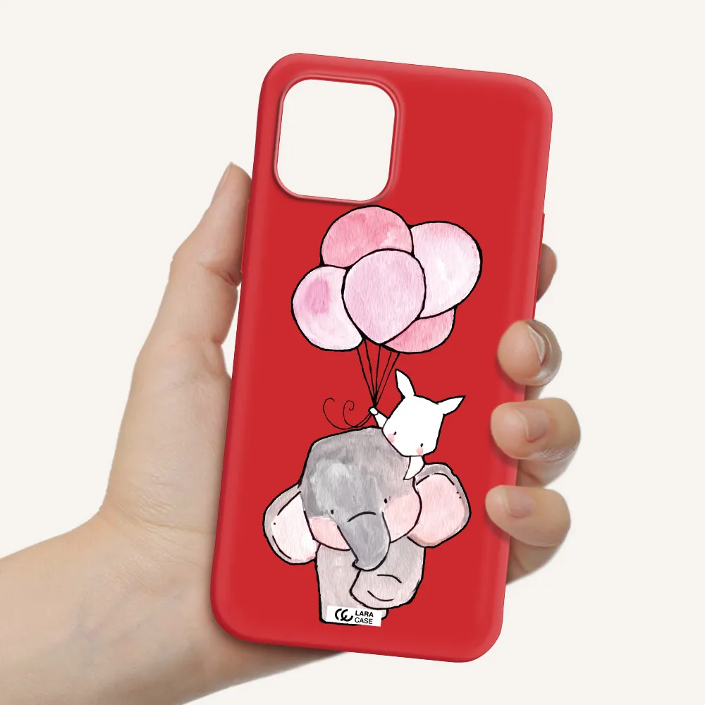 a cartoon elephant and donkey holding balloons Apple iPhone 12 mini Silicone Imperial Red Case