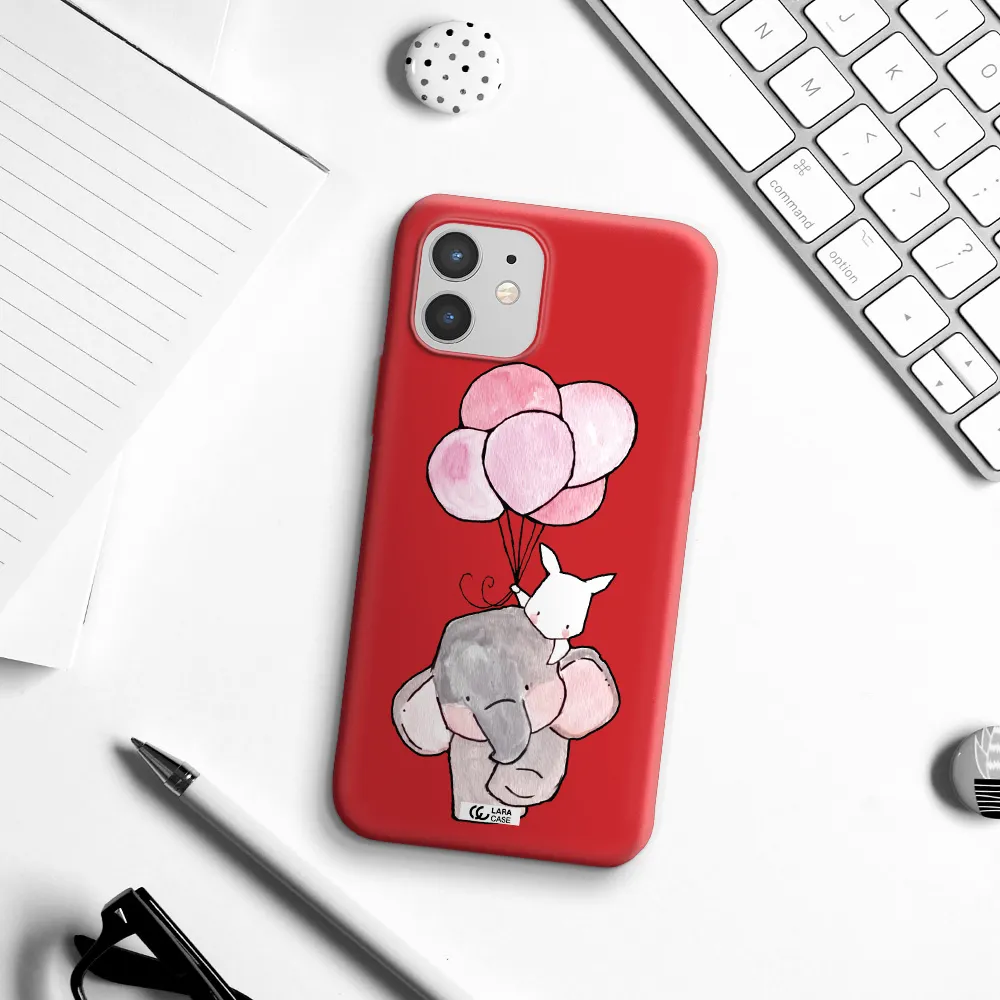 a cartoon elephant and donkey holding balloons Apple iPhone 12 mini Silicone Imperial Red Case