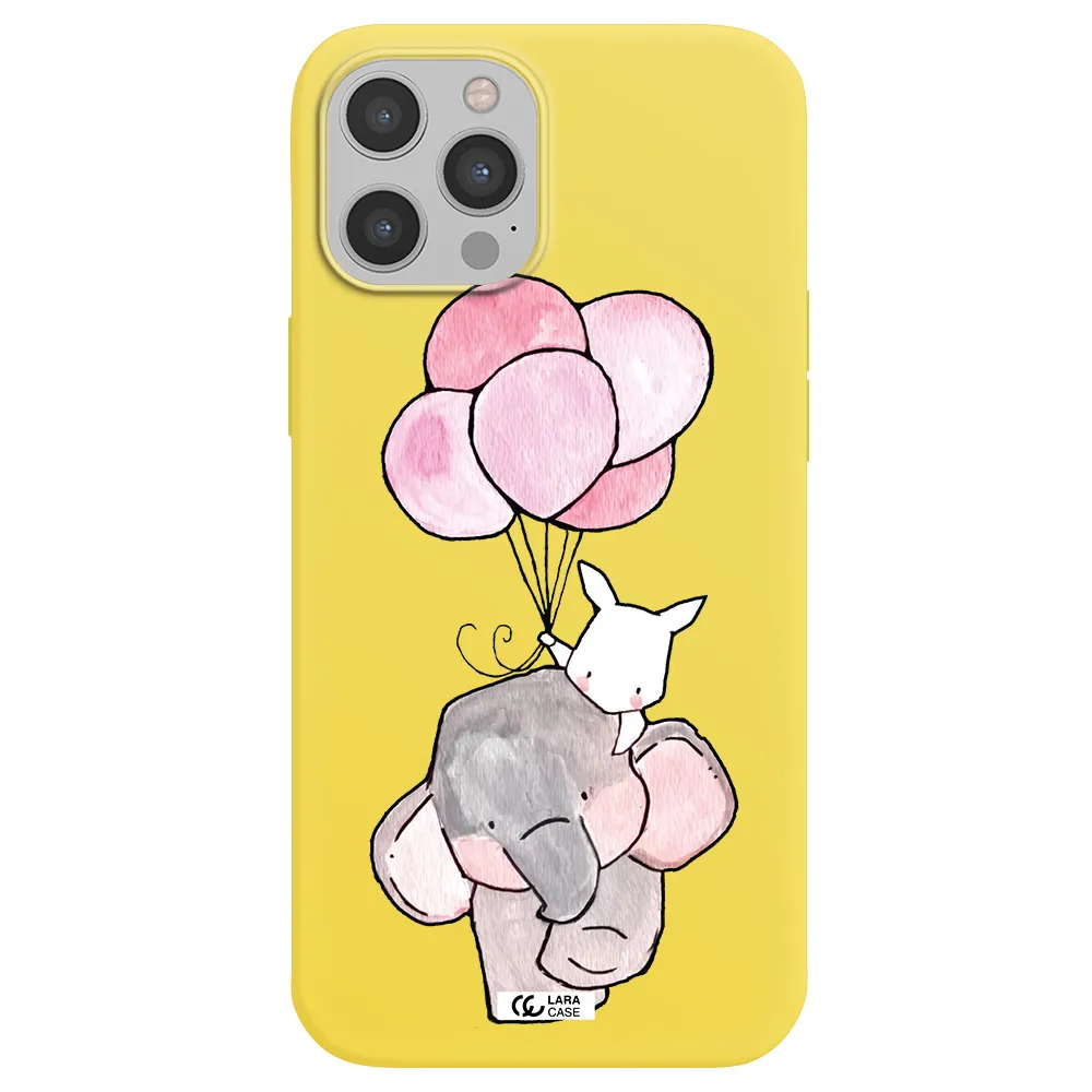 a cartoon elephant and donkey holding balloons Apple iPhone 12 pro max Silicone canary yellow Case