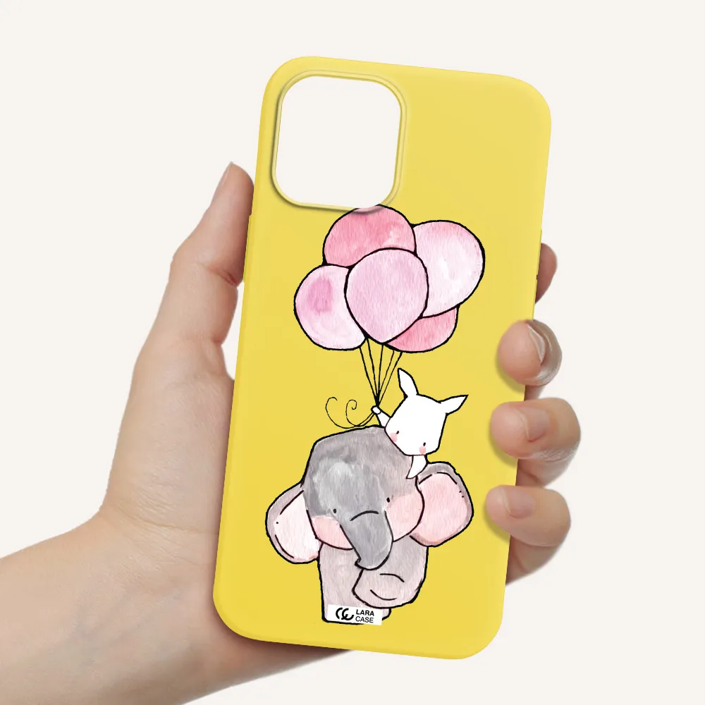 a cartoon elephant and donkey holding balloons Apple iPhone 12 pro max Silicone canary yellow Case