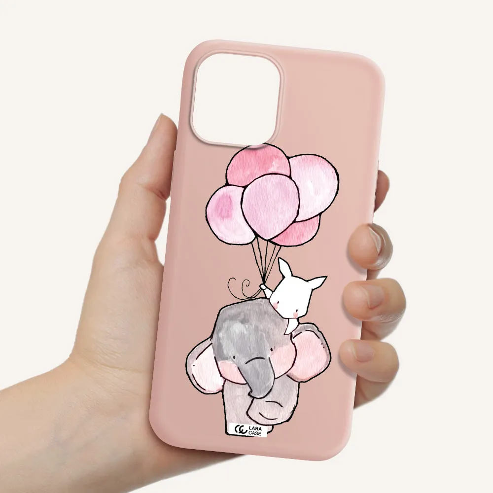 a cartoon elephant and donkey holding balloons Apple iPhone 12 pro max Silicone pastel pink Case