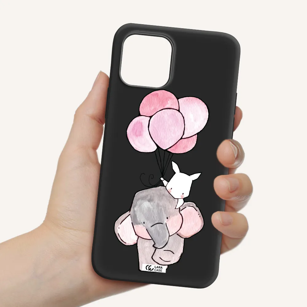 a cartoon elephant and donkey holding balloons Apple iPhone 12 Silicone black Case