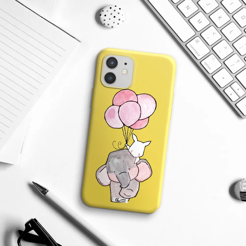 a cartoon elephant and donkey holding balloons Apple iPhone 12 Silicone canary yellow Case