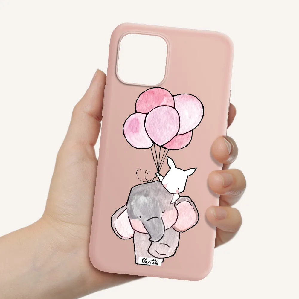 a cartoon elephant and donkey holding balloons Apple iPhone 12 Silicone pastel pink Case