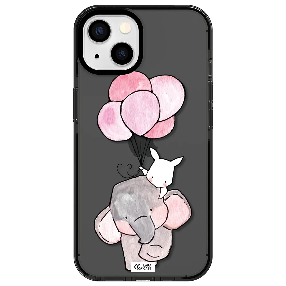 a cartoon elephant and donkey holding balloons Apple iPhone 13 impact Smoke Black Case