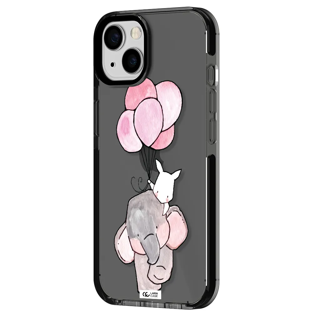 a cartoon elephant and donkey holding balloons Apple iPhone 13 impact Smoke Black Case