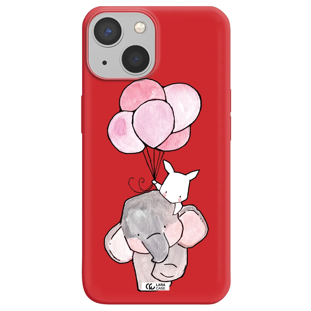 a cartoon elephant and donkey holding balloons Apple iPhone 13 mini Silicone Imperial Red Case