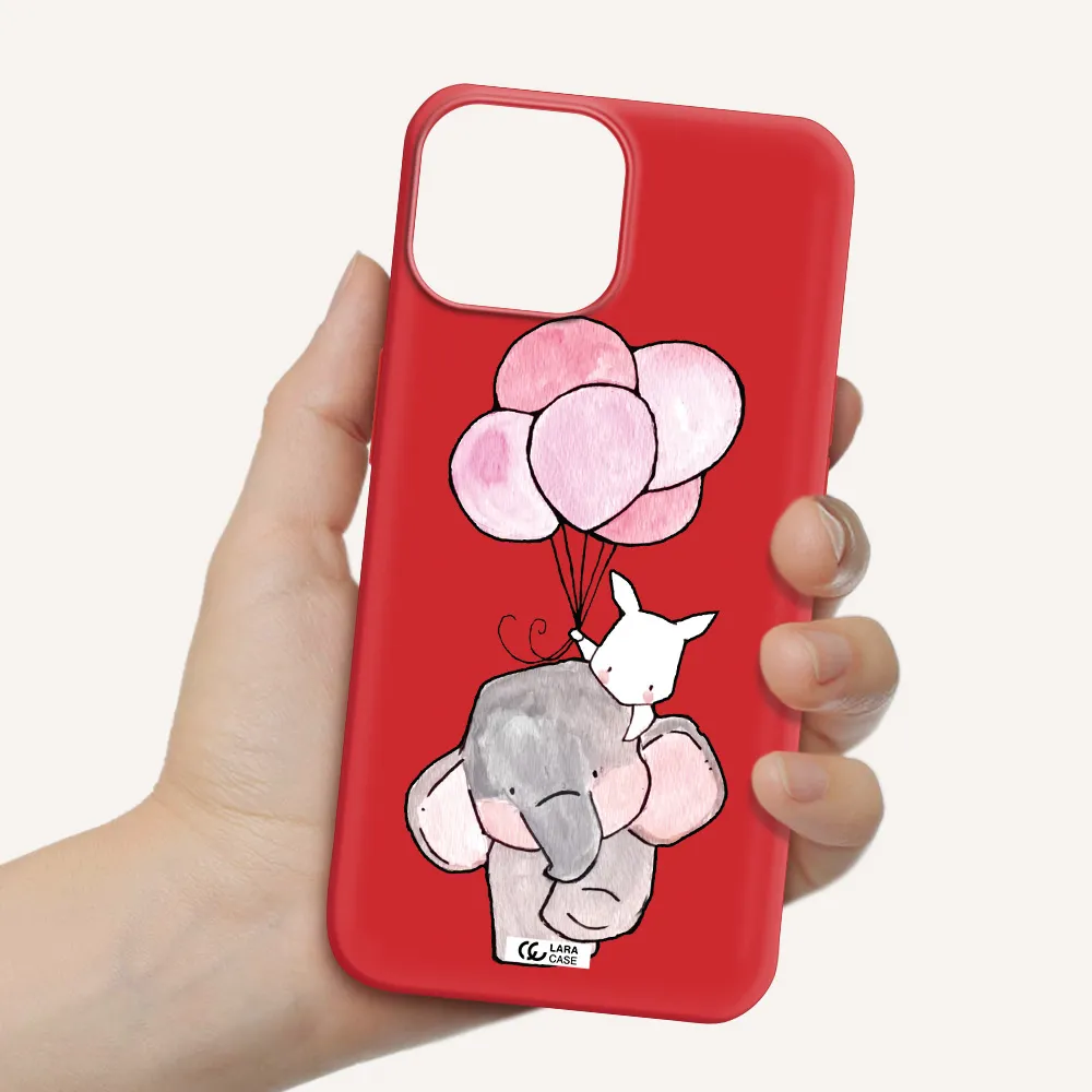 a cartoon elephant and donkey holding balloons Apple iPhone 13 mini Silicone Imperial Red Case