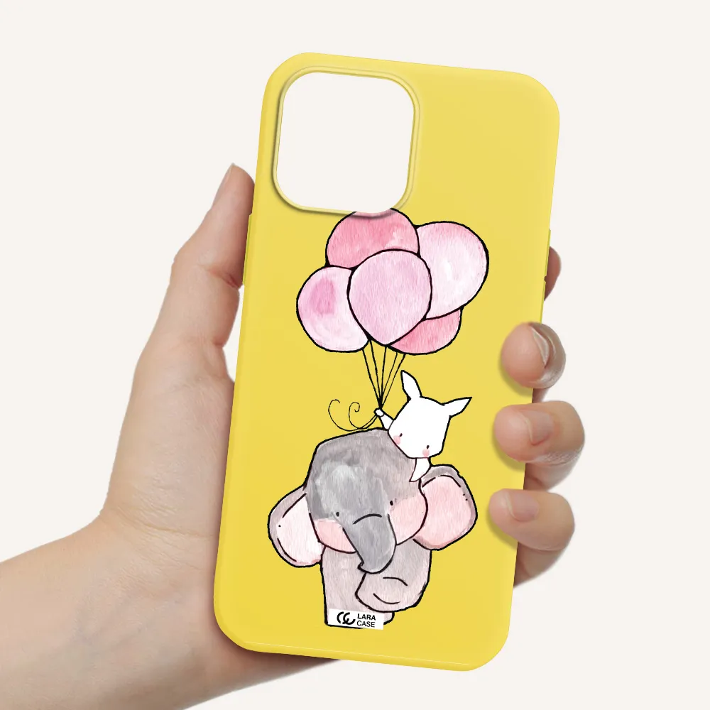 a cartoon elephant and donkey holding balloons Apple iPhone 13 Pro Silicone canary yellow Case