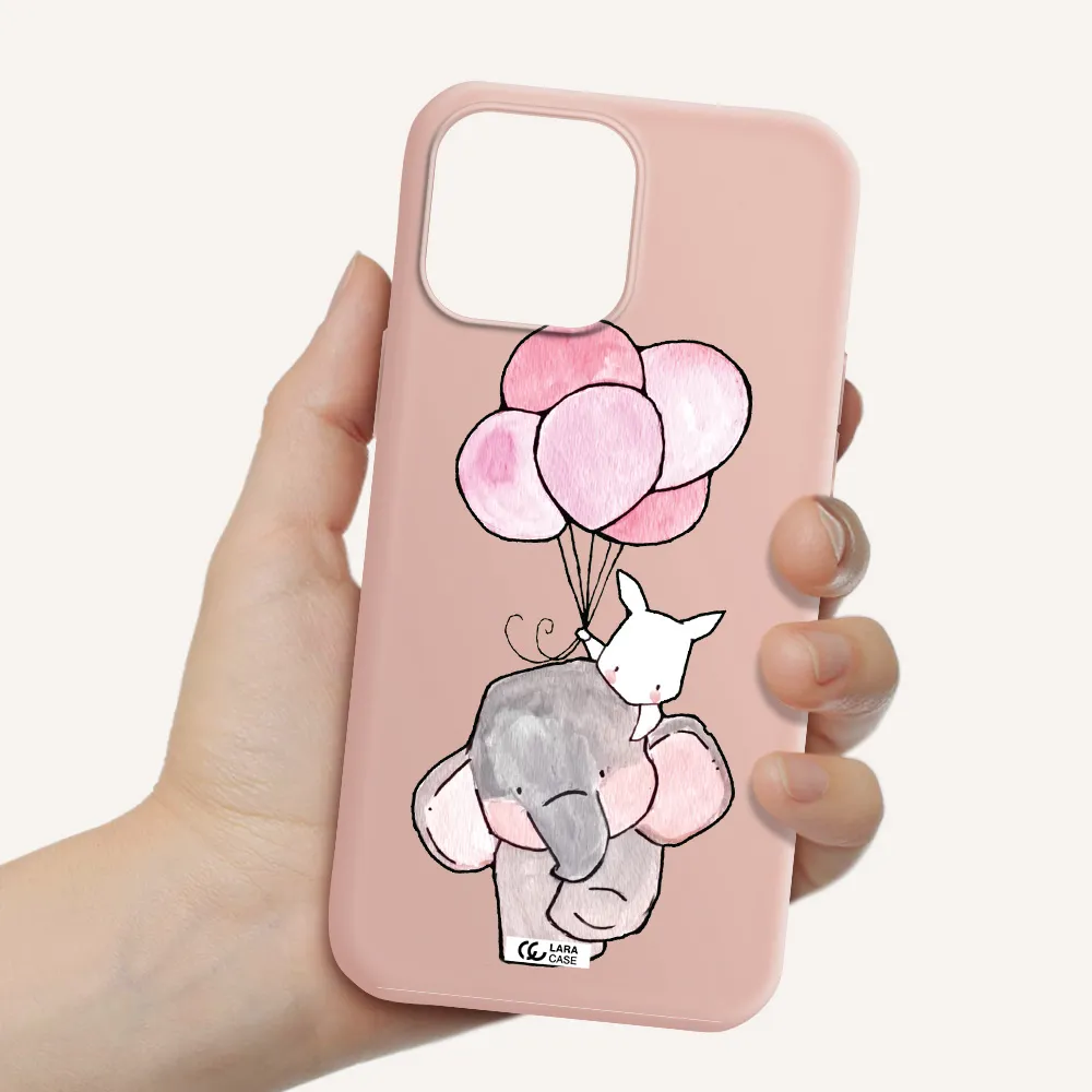 a cartoon elephant and donkey holding balloons Apple iPhone 13 Pro Silicone pastel pink Case
