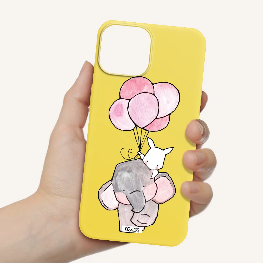 a cartoon elephant and donkey holding balloons Apple iPhone 13 Silicone canary yellow Case