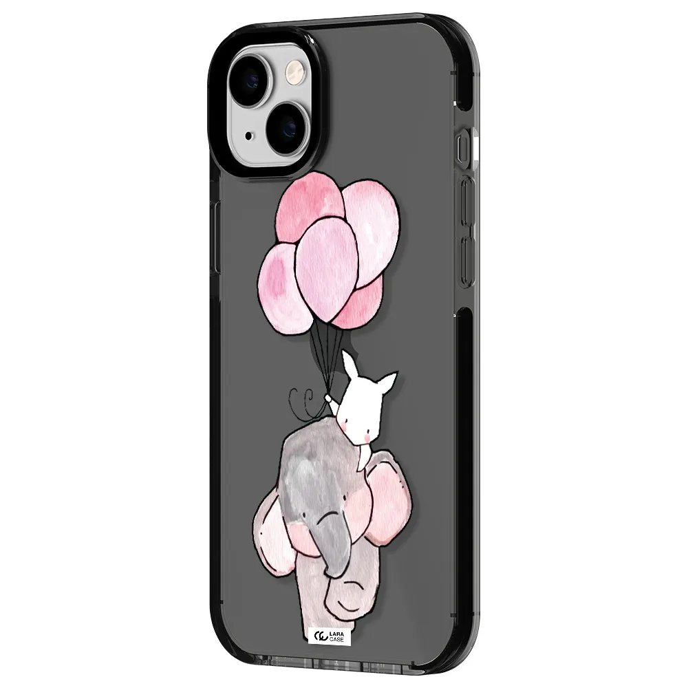 a cartoon elephant and donkey holding balloons Apple iPhone 14 plus impact Smoke Black Case