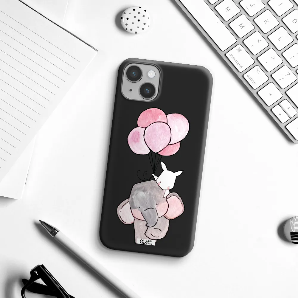 a cartoon elephant and donkey holding balloons Apple iPhone 14 plus Silicone black Case