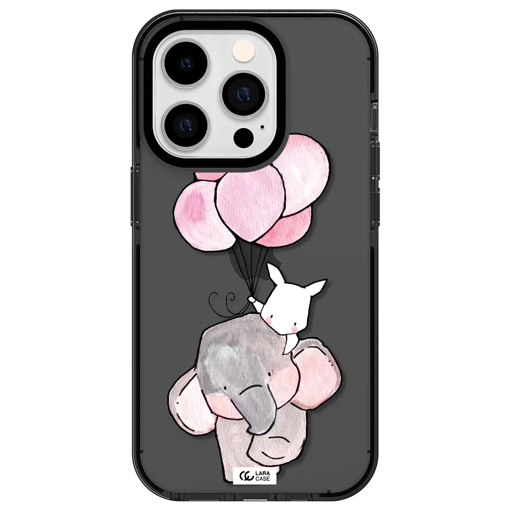 a cartoon elephant and donkey holding balloons Apple iPhone 14 pro impact Smoke Black Case