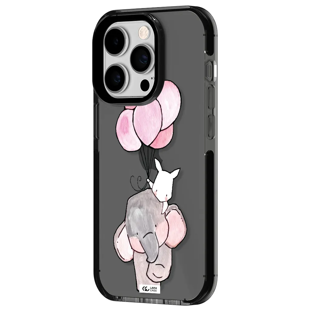a cartoon elephant and donkey holding balloons Apple iPhone 14 pro impact Smoke Black Case