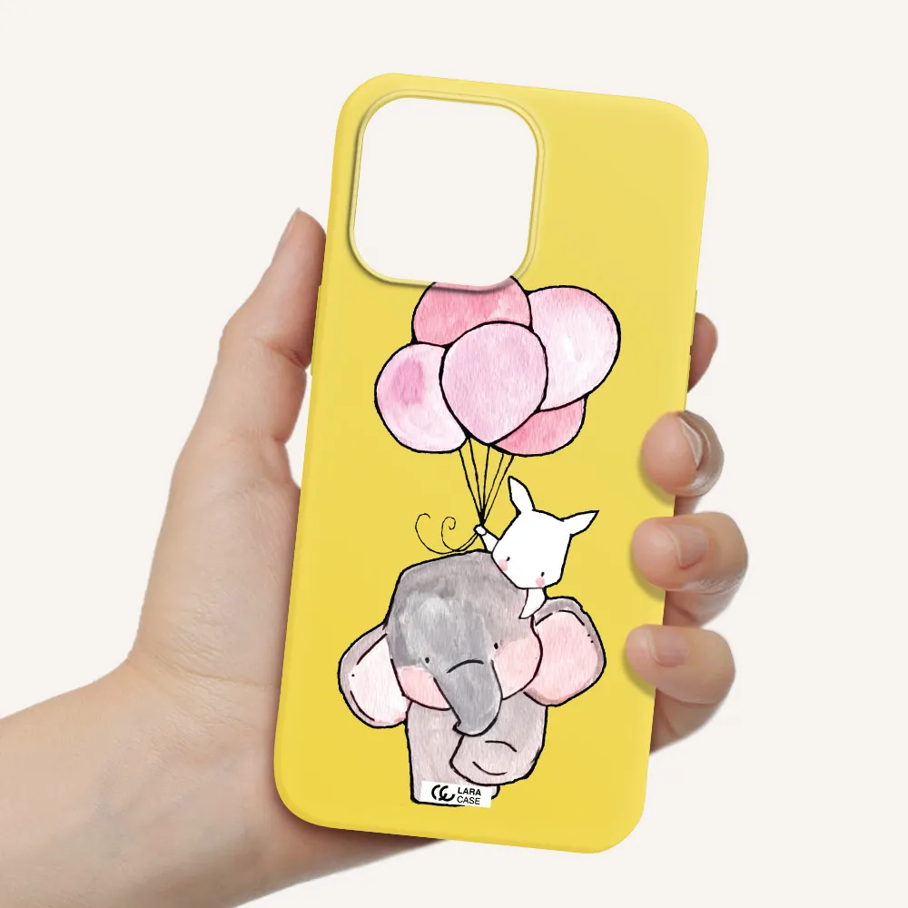 a cartoon elephant and donkey holding balloons Apple iPhone 14 pro max Silicone canary yellow Case