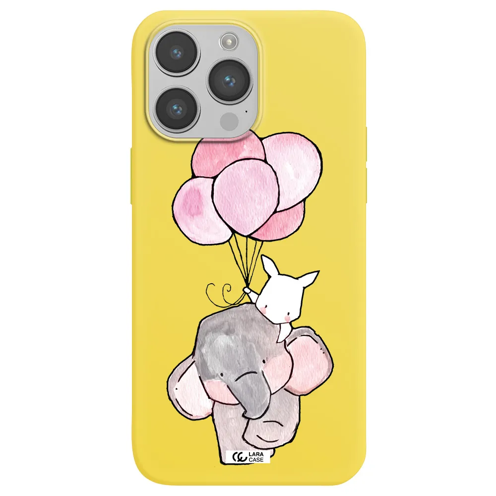 a cartoon elephant and donkey holding balloons Apple iPhone 14 pro Silicone canary yellow Case