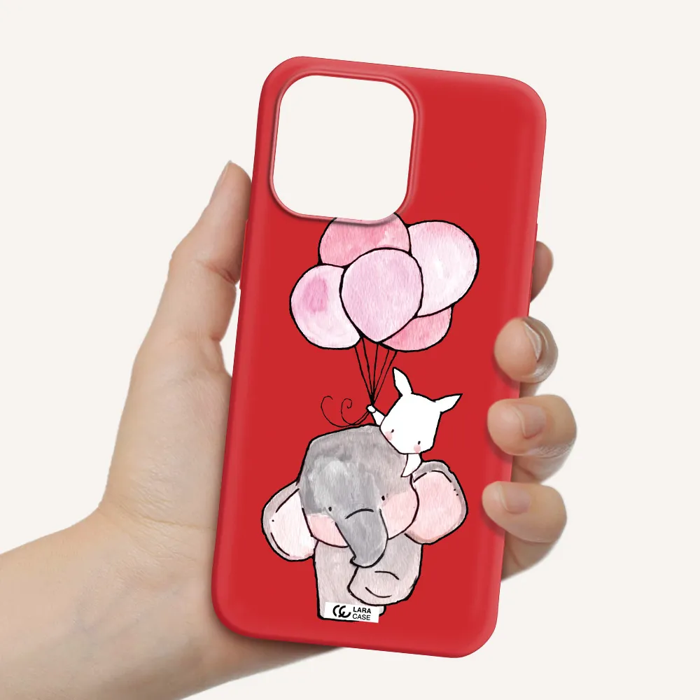 a cartoon elephant and donkey holding balloons Apple iPhone 14 pro Silicone Imperial Red Case