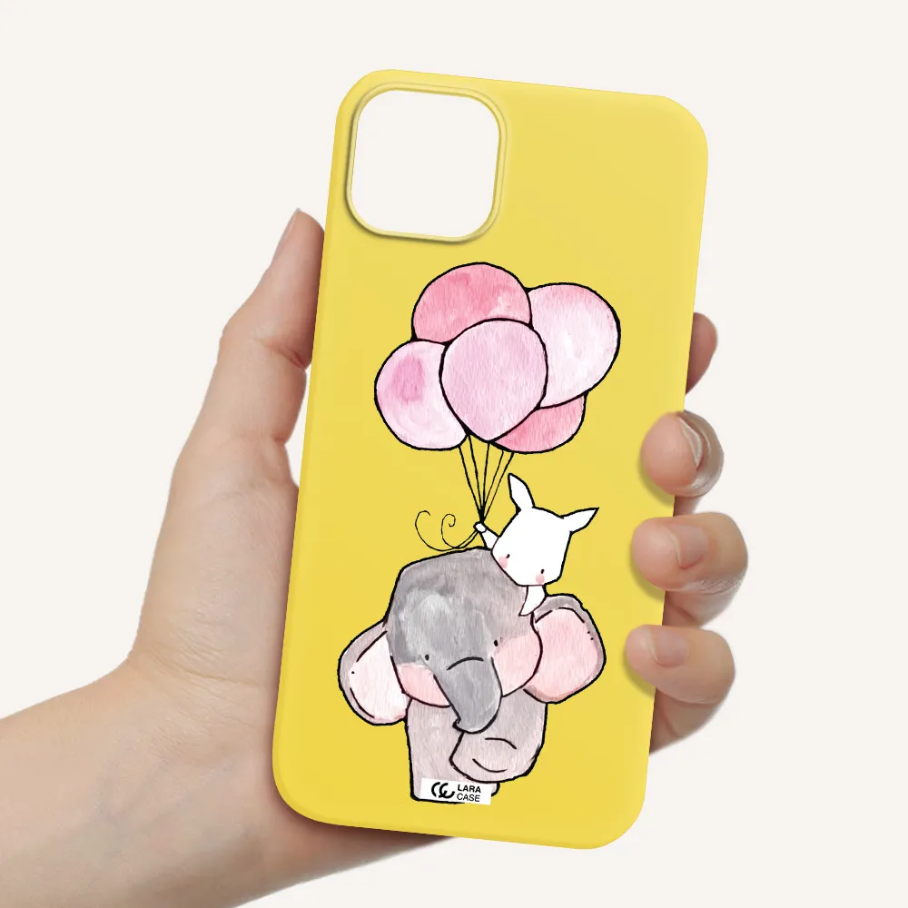 a cartoon elephant and donkey holding balloons Apple iPhone 14 Silicone canary yellow Case