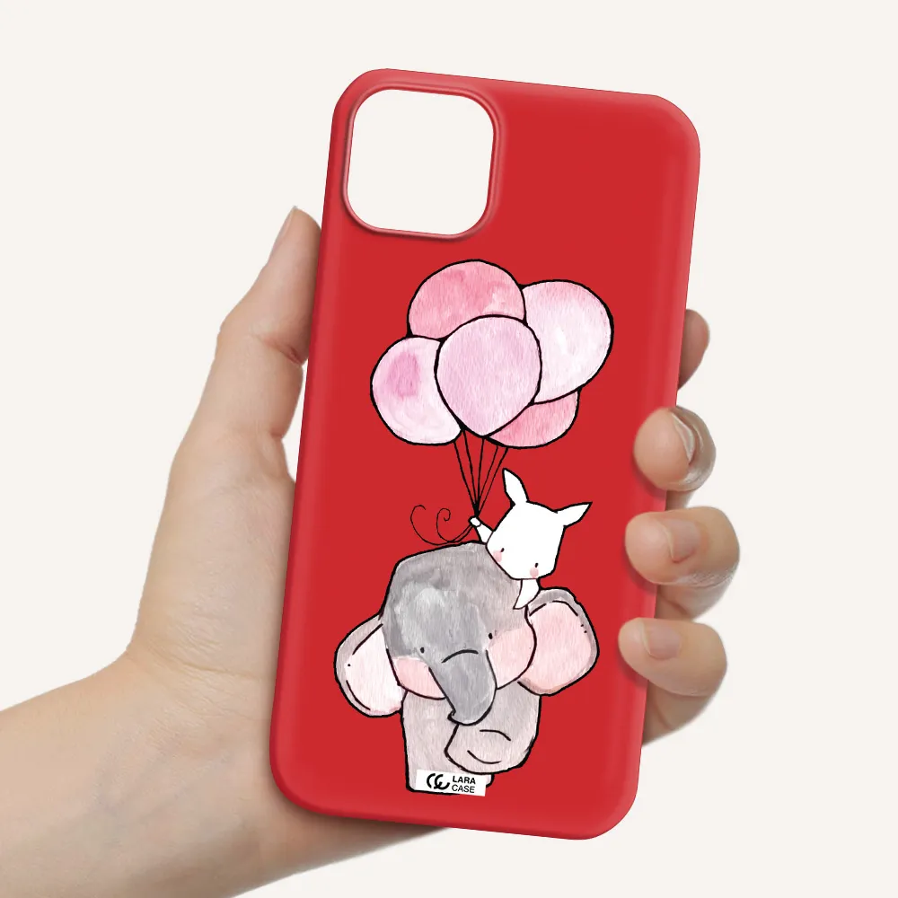 a cartoon elephant and donkey holding balloons Apple iPhone 14 Silicone Imperial Red Case