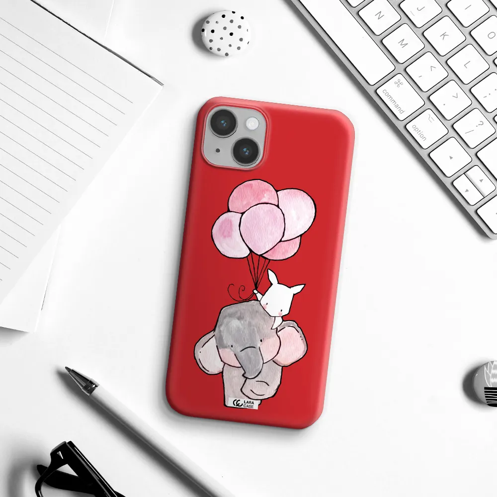 a cartoon elephant and donkey holding balloons Apple iPhone 14 Silicone Imperial Red Case