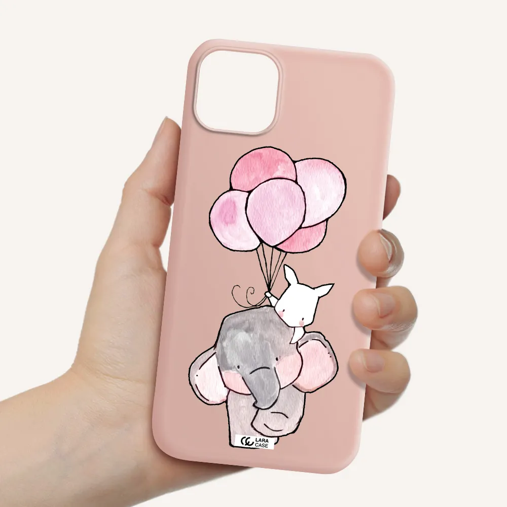 a cartoon elephant and donkey holding balloons Apple iPhone 14 Silicone pastel pink Case