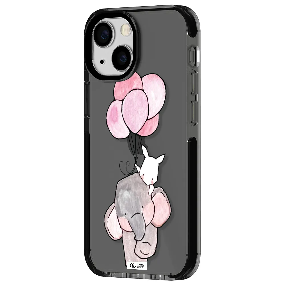 a cartoon elephant and donkey holding balloons Apple iPhone 15 impact Smoke Black Case