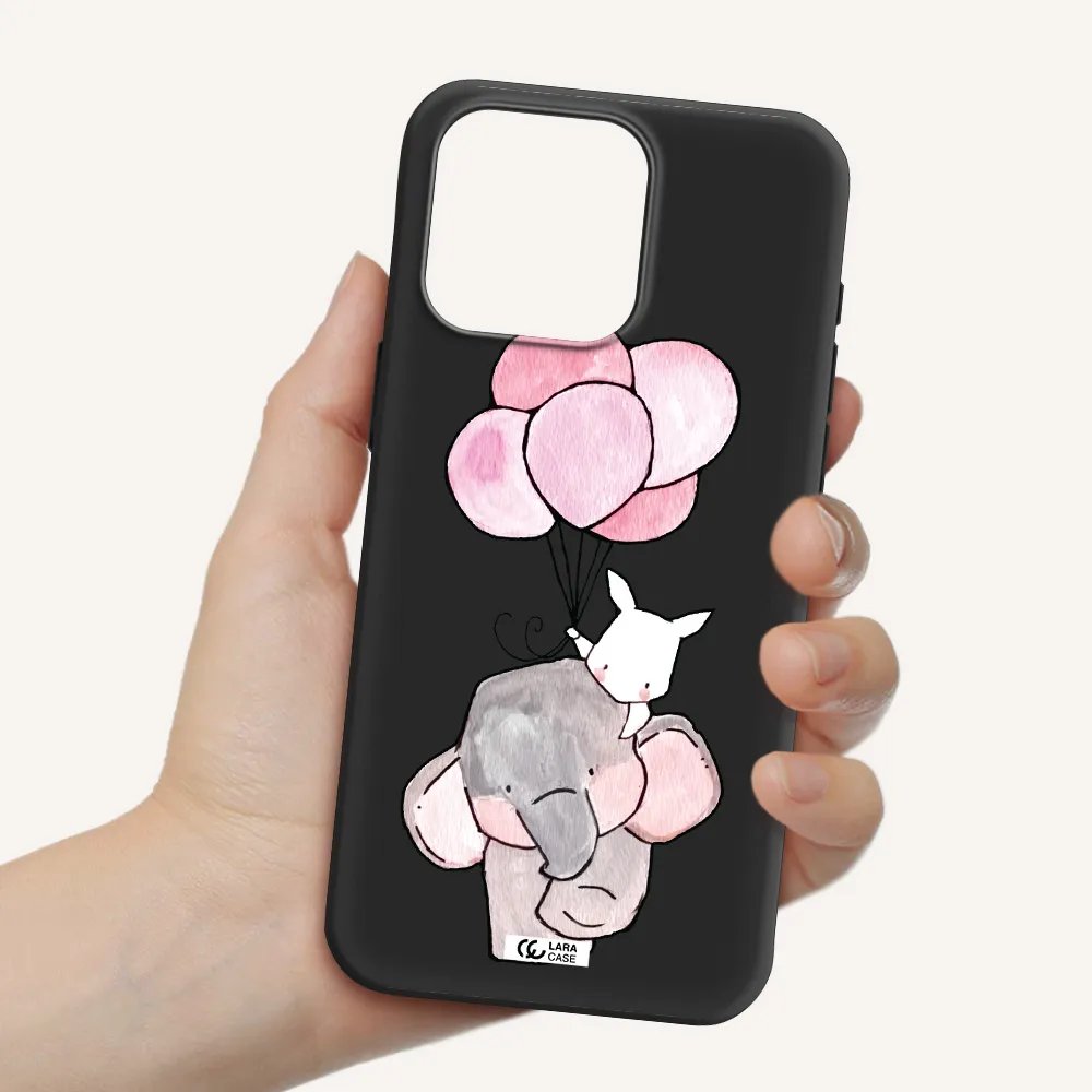 a cartoon elephant and donkey holding balloons Apple Iphone 15 Pro max Silicone black Case