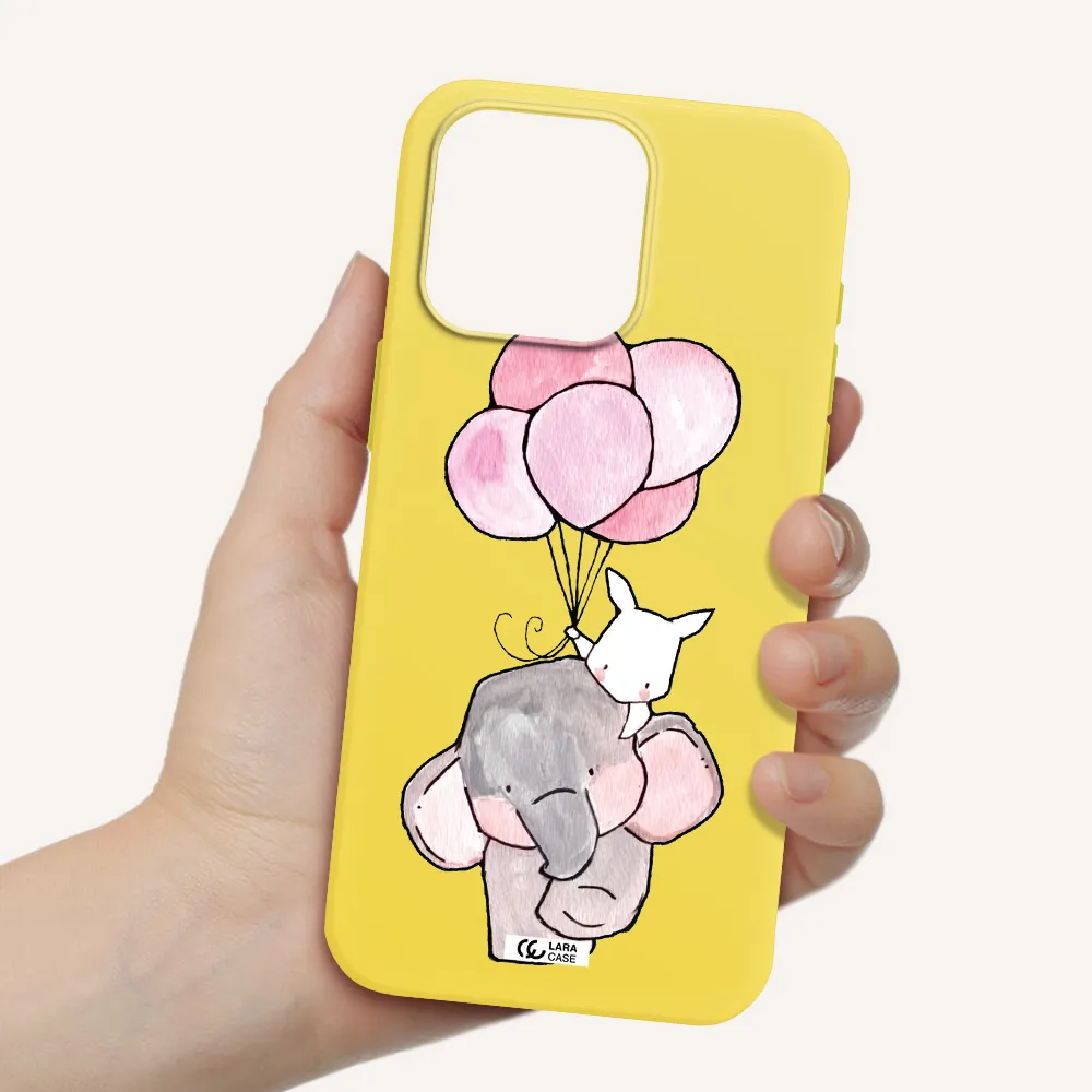 a cartoon elephant and donkey holding balloons Apple Iphone 15 Pro max Silicone canary yellow Case