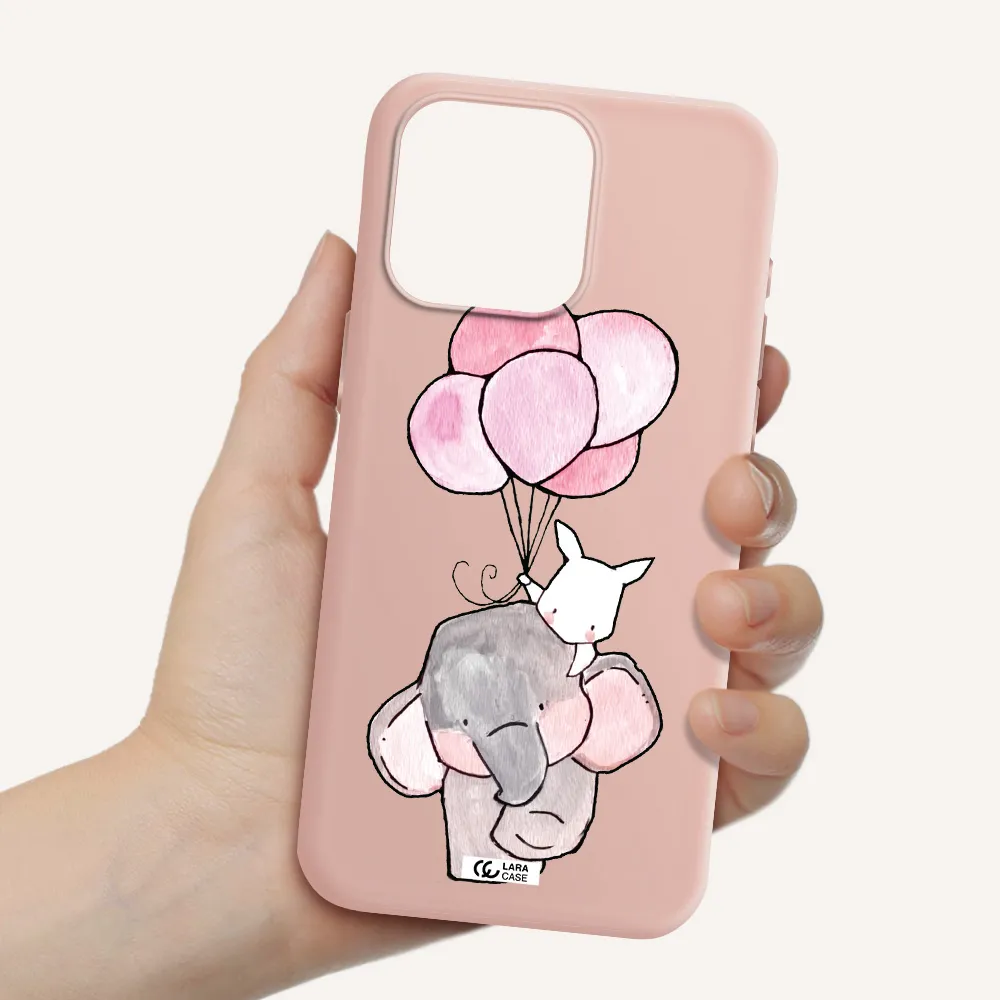 a cartoon elephant and donkey holding balloons Apple Iphone 15 Pro max Silicone pastel pink Case