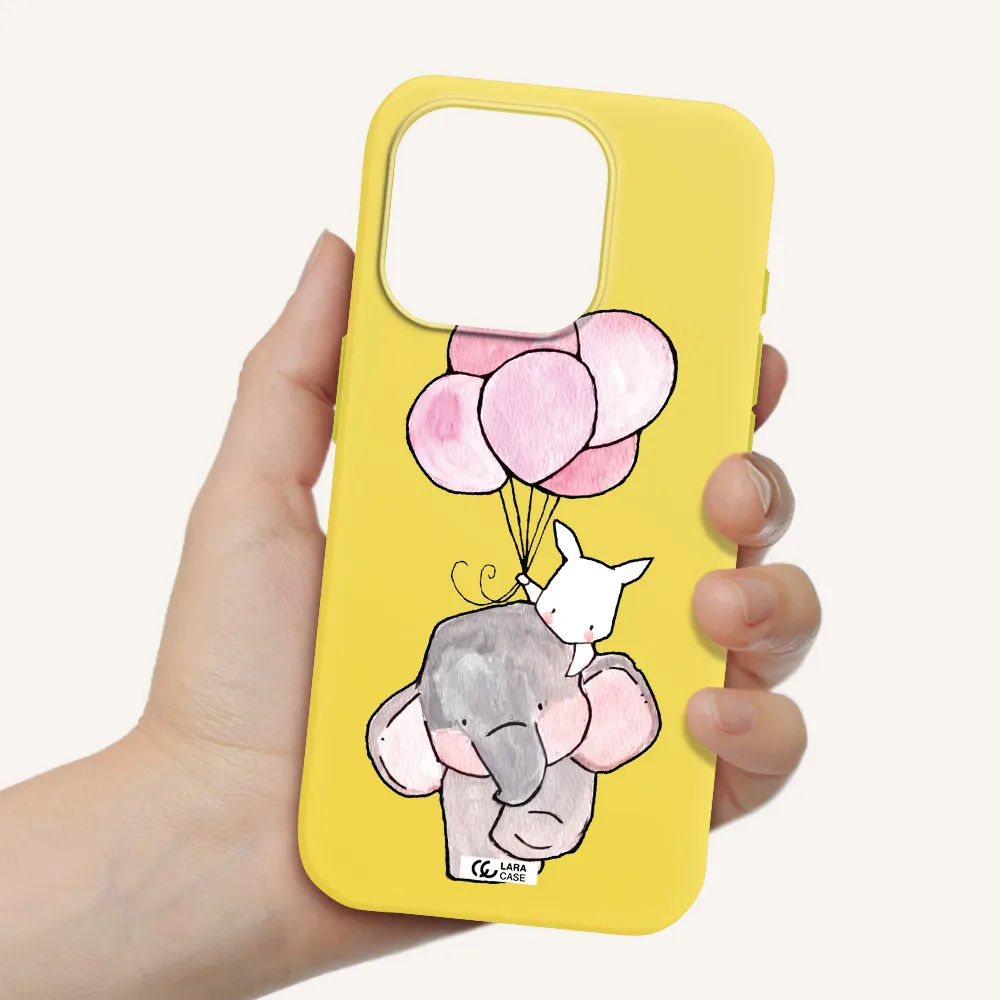 A Cartoon Elephant And Donkey Holding Balloons Apple Iphone 15 Pro Silicone Canary Yellow Case