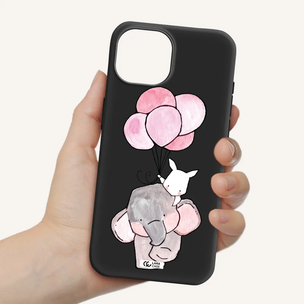 a cartoon elephant and donkey holding balloons Apple iPhone 15 Silicone black Case