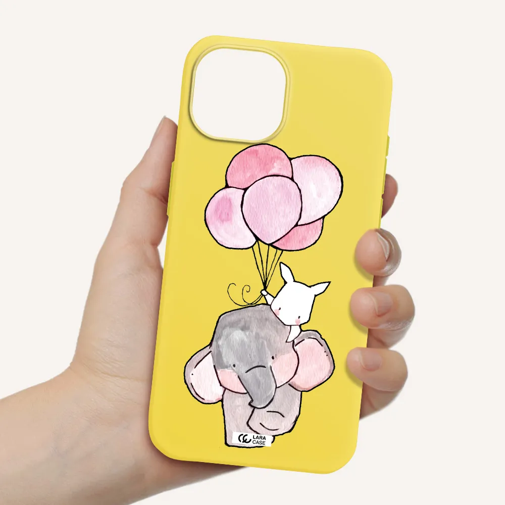 a cartoon elephant and donkey holding balloons Apple iPhone 15 Silicone canary yellow Case